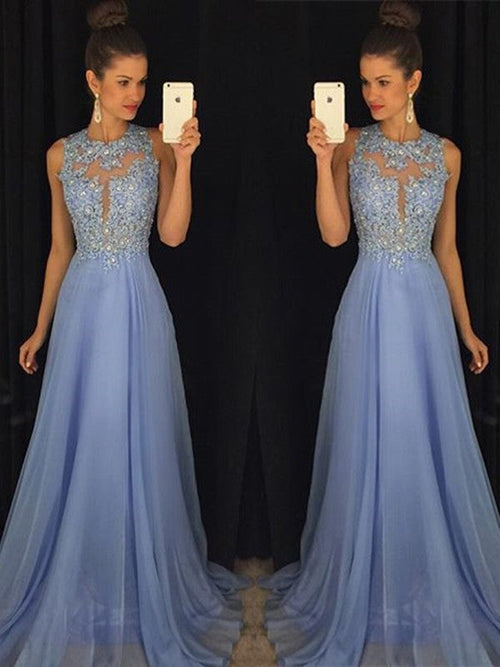 Vestidos de fiesta elegantes de gasa con apliques, sin mangas y corte A