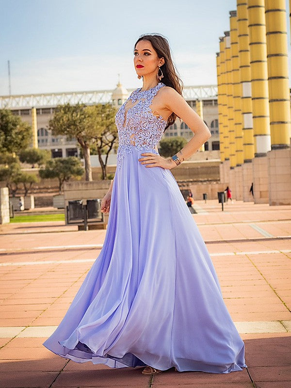Vestidos de fiesta elegantes de gasa con apliques, sin mangas y corte A