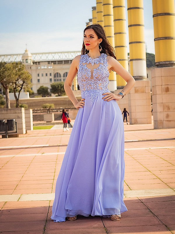 Vestidos de fiesta elegantes de gasa con apliques, sin mangas y corte A