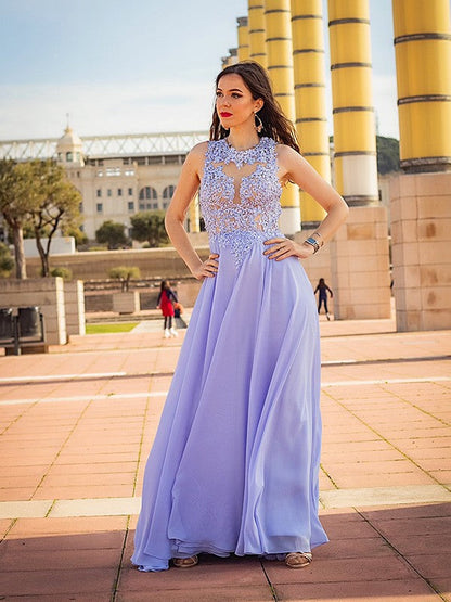 Vestidos de fiesta elegantes de gasa con apliques, sin mangas y corte A