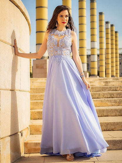 Vestidos de fiesta elegantes de gasa con apliques, sin mangas y corte A