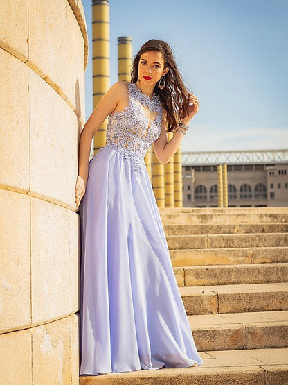 Vestidos de fiesta elegantes de gasa con apliques, sin mangas y corte A