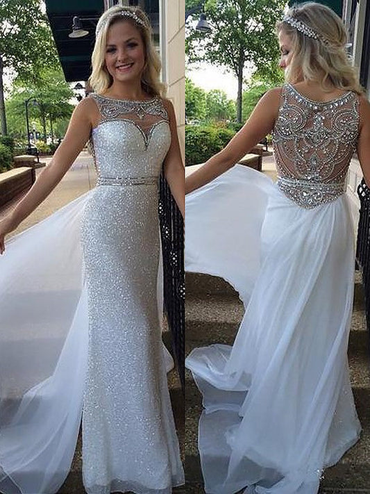 Vestidos de fiesta elegantes de gasa con escote barco, sin mangas y corte A con cuentas