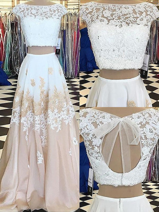 Elegante vestido de fiesta de dos piezas, corte A, sin mangas, con escote barco, de gasa y encaje, hasta el suelo