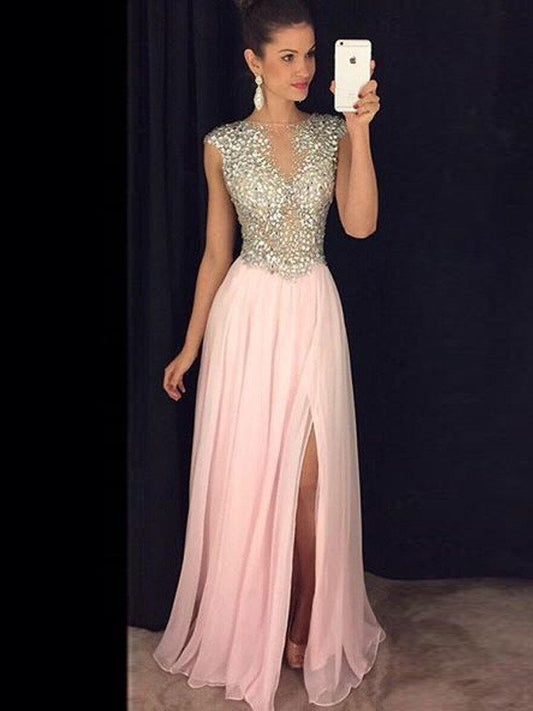 Vestidos de fiesta elegantes de corte A/sin mangas, con escote barco, de gasa y lentejuelas, hasta el suelo
