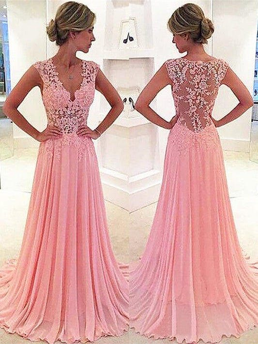 Vestidos de fiesta elegantes de gasa con encaje y escote en V, sin mangas y corte A
