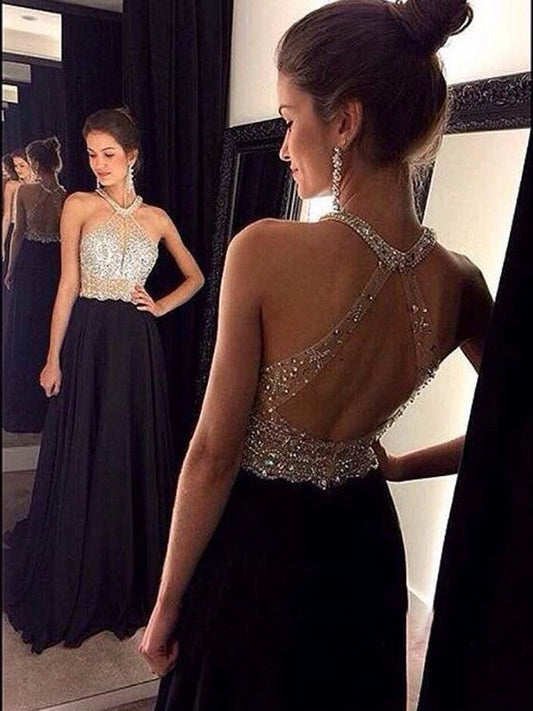 Vestidos de fiesta elegantes de gasa con cuello halter, sin mangas y corte A