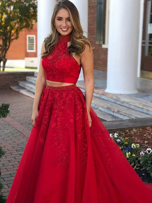 Elegante vestido de fiesta de dos piezas, corte A, sin mangas, con cuello halter, cuentas de tul y largo hasta el suelo