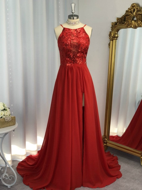 Vestidos de fiesta elegantes de gasa con apliques y cuello halter sin mangas y corte A