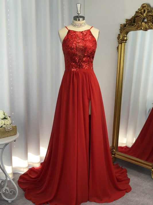Vestidos de fiesta elegantes de gasa con apliques y cuello halter sin mangas y corte A