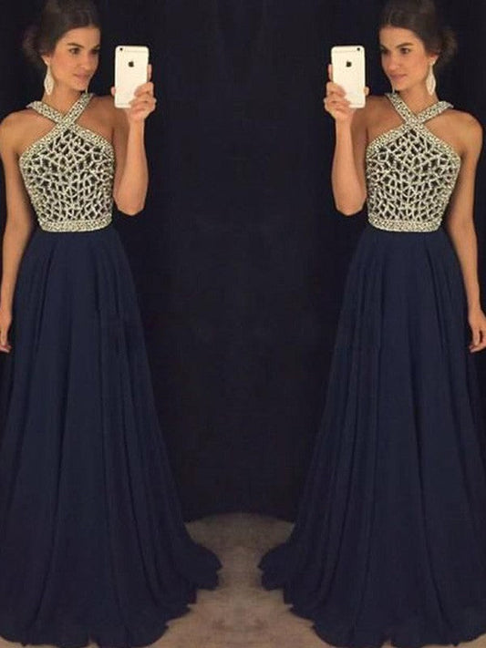 Vestidos de fiesta elegantes de corte A/sin mangas, con cuello halter, de gasa y cuentas, hasta el suelo