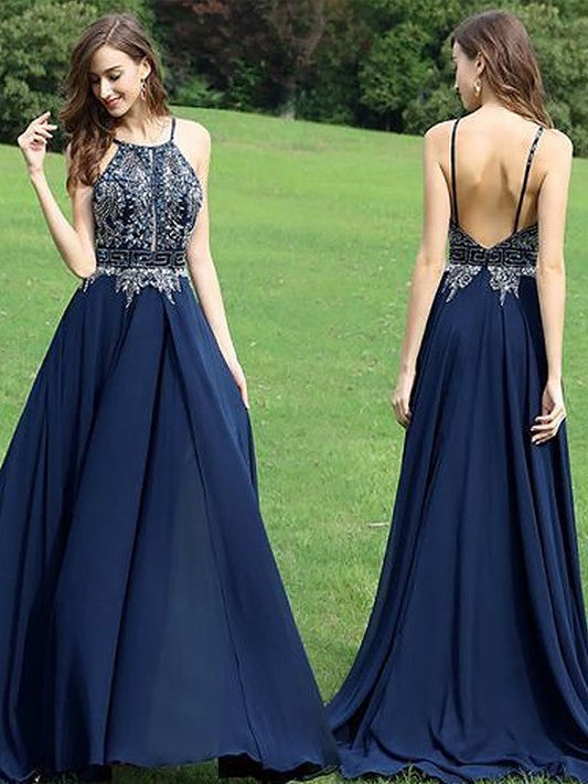 Vestidos de fiesta elegantes de gasa con cuello halter, sin mangas y corte A con cuentas