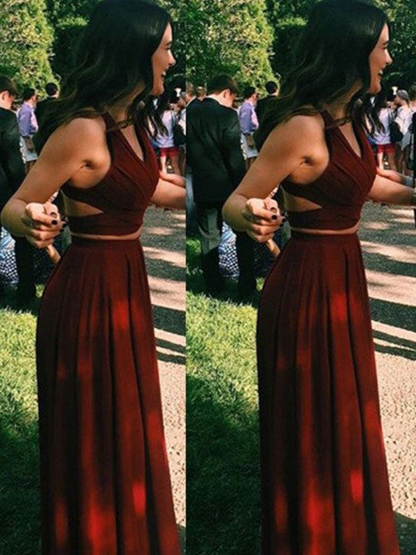 Elegante vestido de fiesta de dos piezas de gasa, sin mangas, con escote halter y largo hasta el suelo