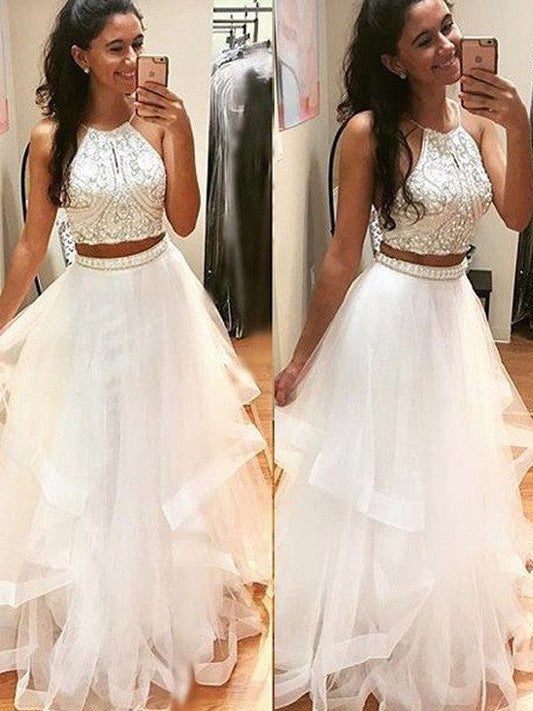 Elegante vestido de fiesta de tul con cuentas, corte A, sin mangas, estilo halter, largo hasta el suelo