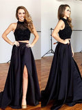 Elegante vestido de fiesta de dos piezas de satén con cuentas y cuello halter sin mangas y corte A