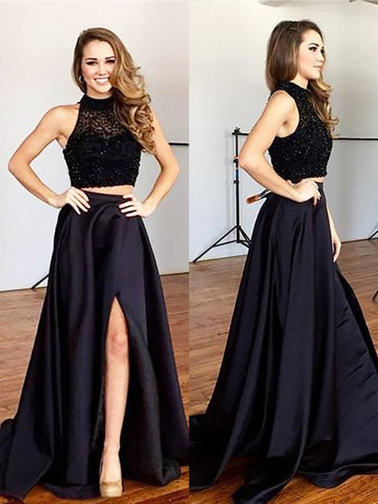 Elegante vestido de fiesta de dos piezas de satén con cuentas y cuello halter sin mangas y corte A
