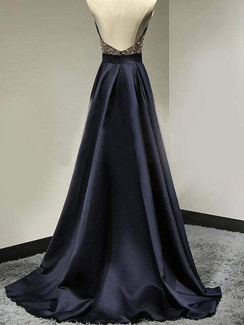 Vestidos de fiesta elegantes de satén con escote halter, sin mangas y corte A, largos hasta el suelo, con cuentas