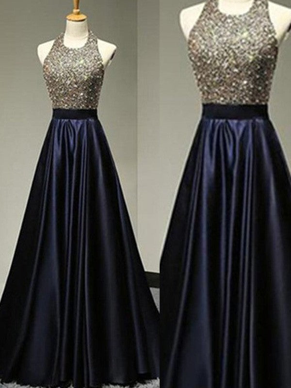Vestidos de fiesta elegantes de satén con escote halter, sin mangas y corte A, largos hasta el suelo, con cuentas