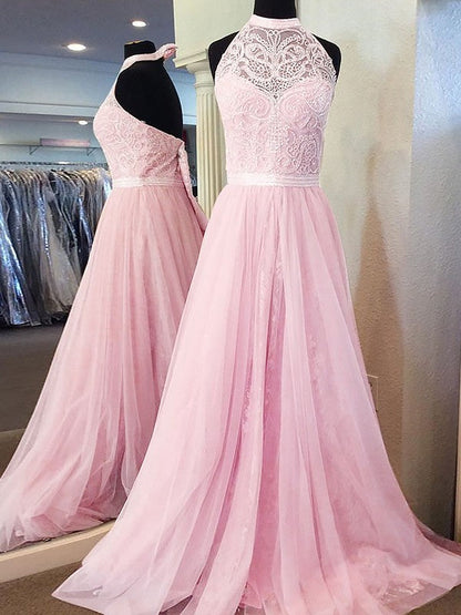 Vestidos de fiesta elegantes de tul con encaje y cuello halter sin mangas y corte A