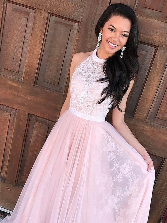 Vestidos de fiesta elegantes de tul con encaje y cuello halter sin mangas y corte A