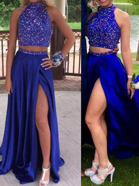 Elegante vestido de fiesta de dos piezas, corte A, sin mangas, cuello alto, elástico, tejido de satén y cuentas