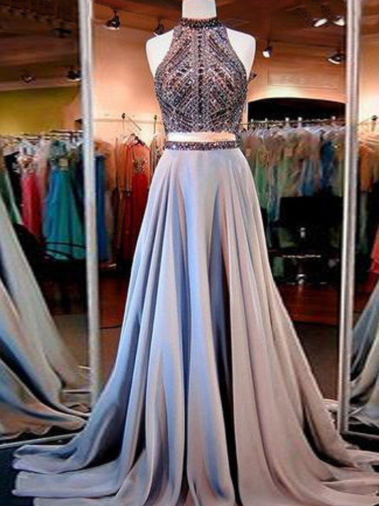 Elegante vestido de fiesta de dos piezas de satén con cuello alto, sin mangas y corte A