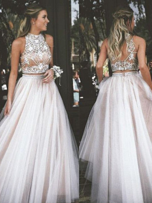 Elegante vestido de fiesta de corte A, sin mangas, cuello alto, tul con cuentas y largo hasta el suelo