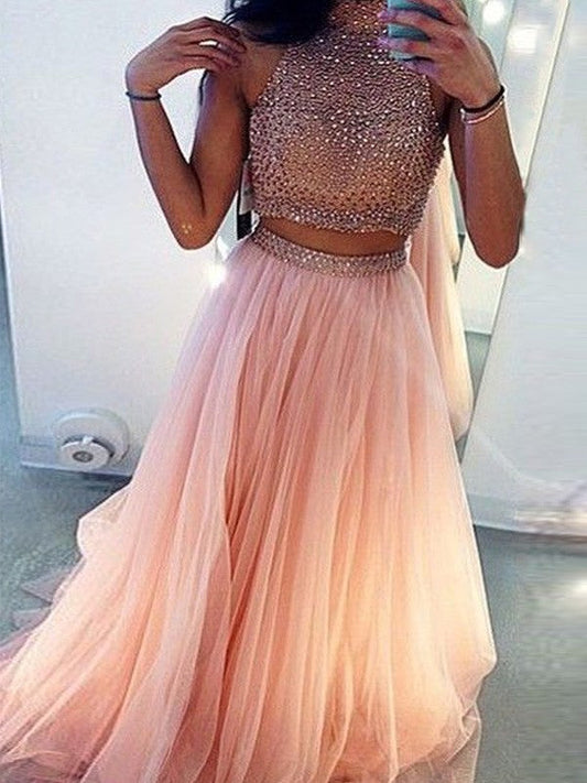 Elegante vestido de fiesta de dos piezas de tul con cuentas, cuello alto, sin mangas y corte A