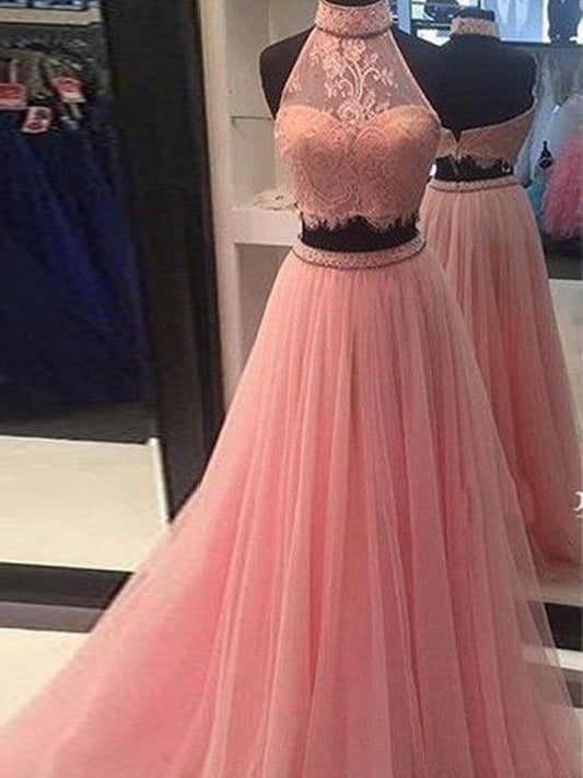 Elegante vestido de fiesta de dos piezas, corte A, sin mangas, cuello alto, tul, encaje, largo hasta el suelo