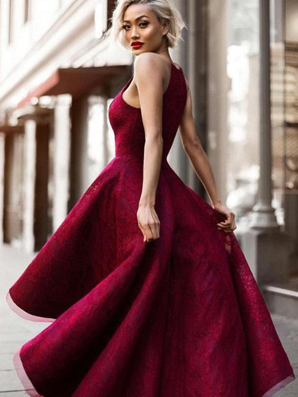 Vestidos de fiesta elegantes de corte A/sin mangas con volantes asimétricos y joya de encaje