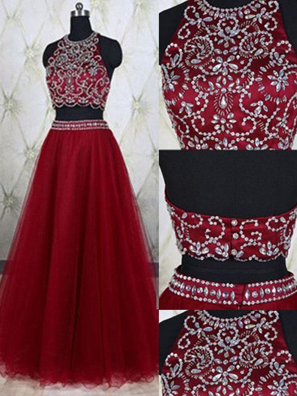 Elegante vestido de fiesta de dos piezas, corte A, sin mangas, con tul, joya y cuentas, largo hasta el suelo