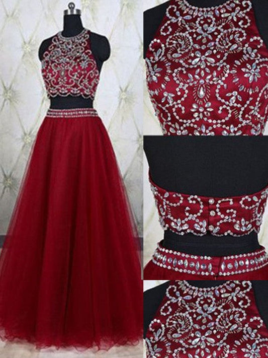 Elegante vestido de fiesta de dos piezas, corte A, sin mangas, con tul, joya y cuentas, largo hasta el suelo