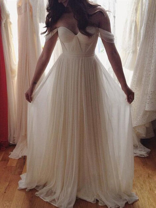 Elegante vestido de fiesta de gasa con corte A, sin mangas, hombros descubiertos, cuentas y largo hasta el suelo