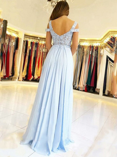 Elegante vestido de fiesta de gasa con apliques, sin mangas, hombros descubiertos y largo hasta el suelo