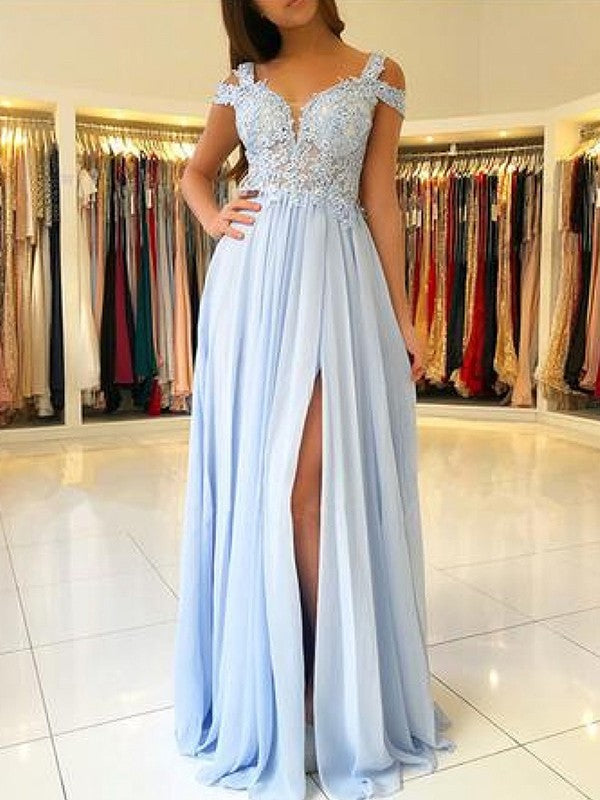 A-Linie/Elegant Ärmellos Off-the-Shoulder Bodenlang Applikation Chiffon Ballkleider