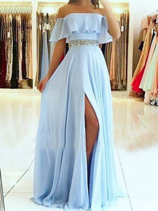 Elegante vestido de fiesta de gasa con cuentas, corte A, sin mangas, hombros descubiertos y largo hasta el suelo