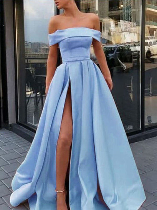 Vestidos de fiesta elegantes de satén con volantes, sin mangas y hombros descubiertos, corte A