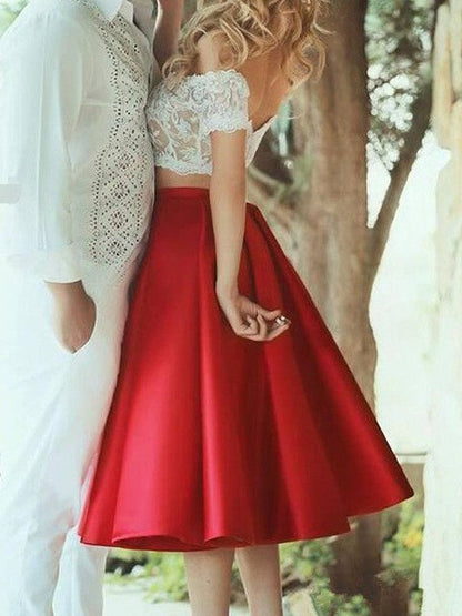 Elegante vestido de fiesta de dos piezas, corte A, sin mangas, hombros descubiertos, de satén y encaje, hasta la rodilla