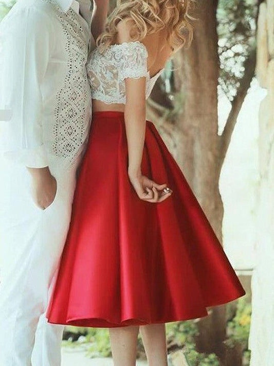 Elegante vestido de fiesta de dos piezas, corte A, sin mangas, hombros descubiertos, de satén y encaje, hasta la rodilla
