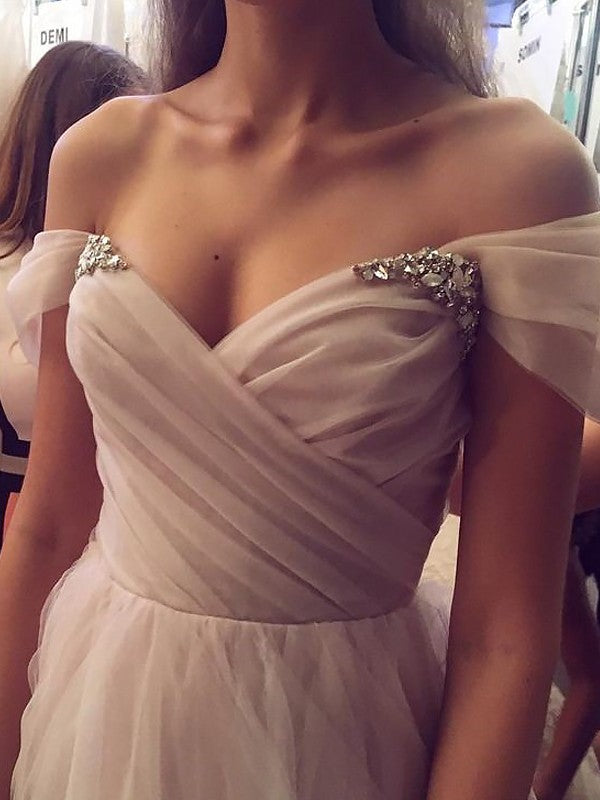 Vestidos de fiesta elegantes de corte A, sin mangas, con hombros descubiertos, de tul y cuentas
