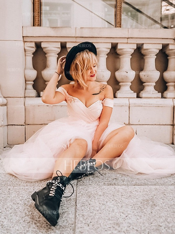 Vestidos de fiesta elegantes de corte A, sin mangas, con hombros descubiertos, de tul y cuentas