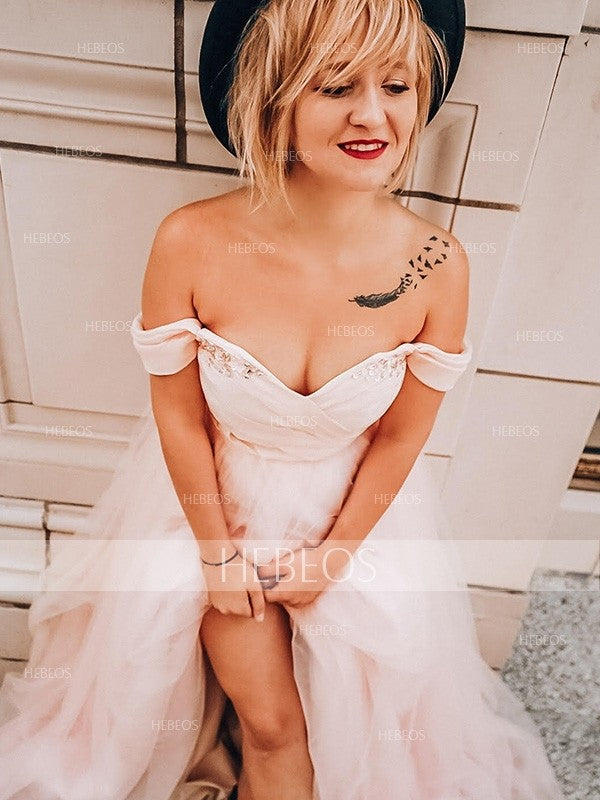 Vestidos de fiesta elegantes de corte A, sin mangas, con hombros descubiertos, de tul y cuentas