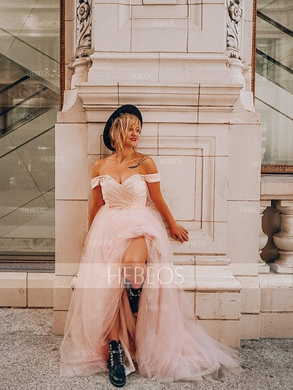 Vestidos de fiesta elegantes de corte A, sin mangas, con hombros descubiertos, de tul y cuentas