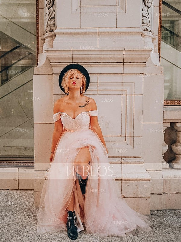 Vestidos de fiesta elegantes de corte A, sin mangas, con hombros descubiertos, de tul y cuentas