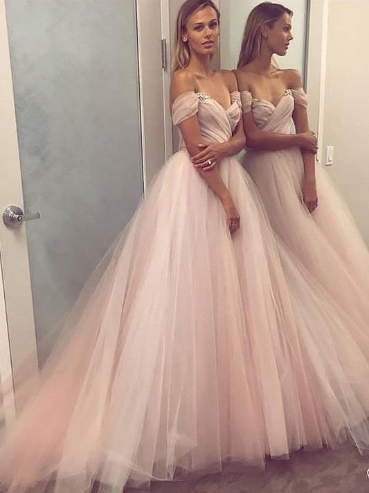 Vestidos de fiesta elegantes de corte A, sin mangas, con hombros descubiertos, de tul y cuentas