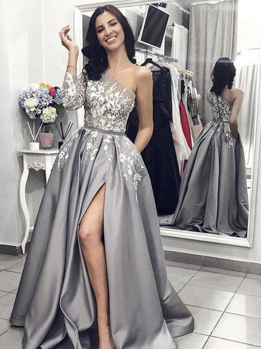 Vestidos de fiesta elegantes de satén con apliques, sin mangas y un solo hombro