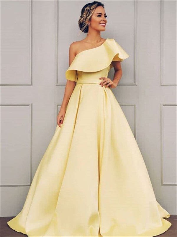 Elegante vestido de fiesta de satén con volantes, corte A, sin mangas, un hombro al aire y largo hasta el suelo