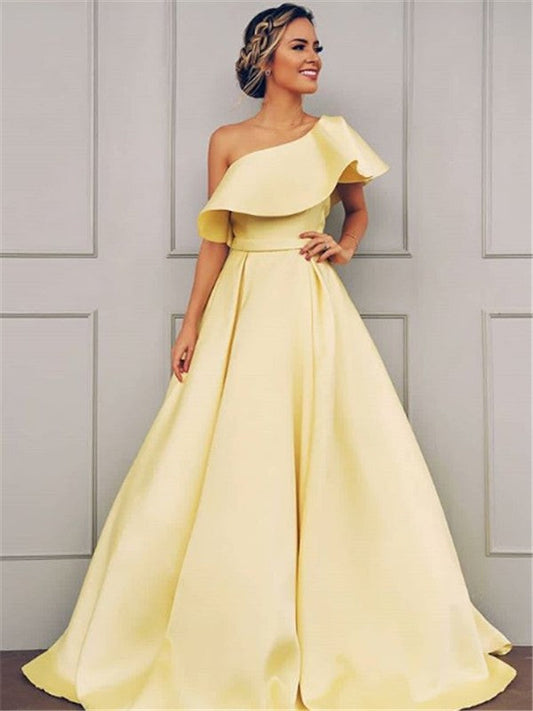 Elegante vestido de fiesta de satén con volantes, corte A, sin mangas, un hombro al aire y largo hasta el suelo