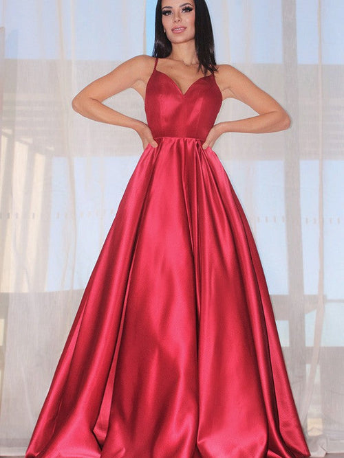 Vestidos de fiesta elegantes de satén con escote en V, sin mangas y volantes, corte A y largo hasta el suelo