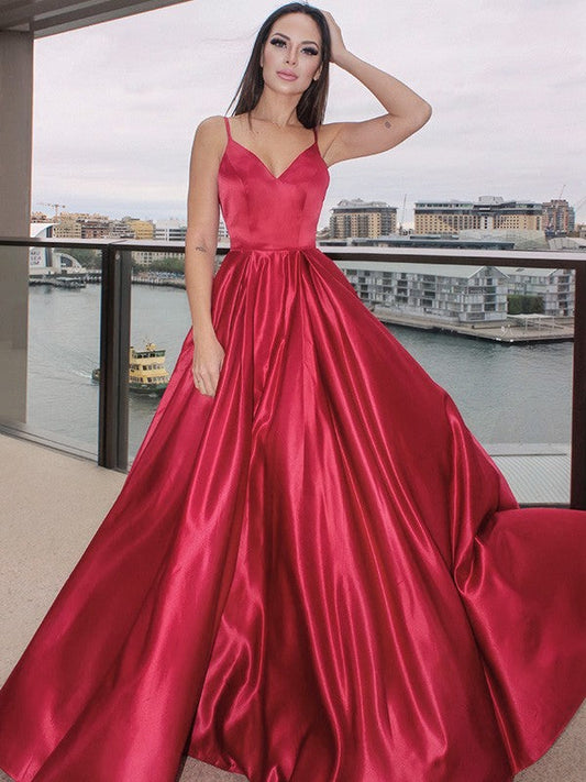 Vestidos de fiesta elegantes de satén con escote en V, sin mangas y volantes, corte A y largo hasta el suelo